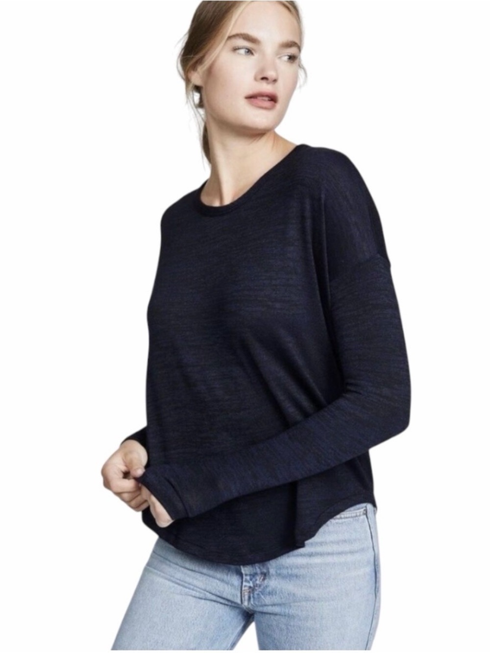 Rag & Bone Hudson Long Sleeve Tee Small Heathered Navy Black Burnout Knit